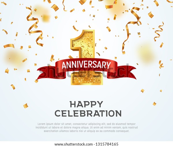 1 year\
anniversary vector banner template. First jubilee with red ribbon\
and confetti on white\
background
