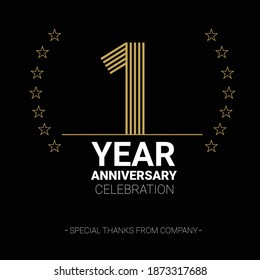 Icono vectorial de 1 año, logo. Elemento de diseño gráfico con número y composición de texto para el primer aniversario.