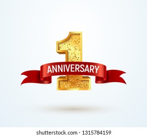 1 year anniversary vector isolated design element . First jubilee with red ribbon on white background