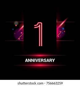 1 Year Anniversary vector logo design using neon style with flare ornament isolated on dark background