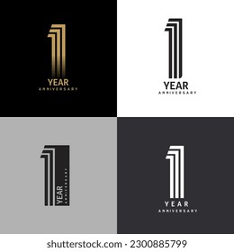 1 year anniversary vector number icon, birthday logo label, black, white and colors stripe number