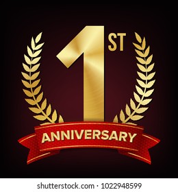 1 Year Anniversary Vector. One, First Celebration Banner. Gold Digit Sign. Number One. Laurel Wreath. For Business Cards, Postcards, Flyers Event Design. Illustration
