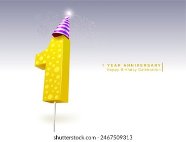 1 year birthday celebration. 3D number 1 wearing a party hat, sparkling fireworks background. Used for birthdays, weddings, company anniversaries. Vector illustration file.