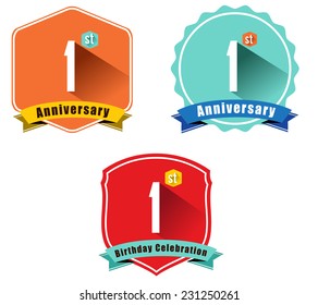 1 year birthday celebration flat color vintage label badge, 1st anniversary decorative  emblem - vector illustration eps10