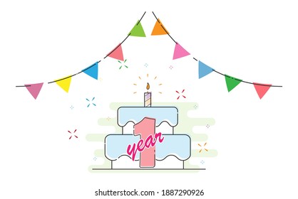 1 year. Cake with a candle and colored flags for congratulations on a birthday, holiday, wedding or anniversary. Flat style.