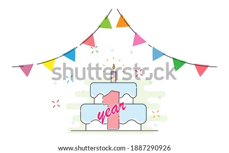 1 year. Cake with a candle and colored flags for congratulations on a birthday, holiday, wedding or anniversary. Flat style.