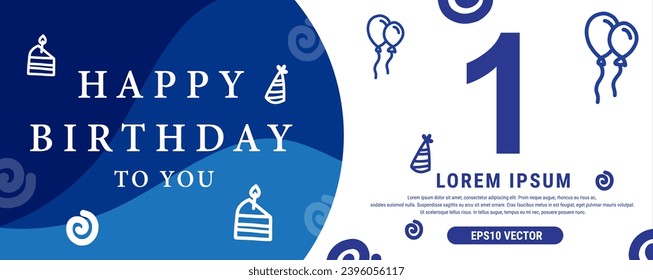 1 year celebration Creative Happy Birthday Text. Blue color decorative banner design, Vector illustration.