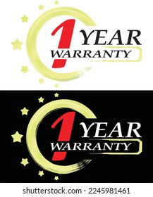 1 Year global warranty vector art illustration with yellow, black and red color with fantastic font and white background