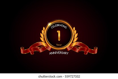 1 year gold anniversary celebration logo with red ribbon , isolated on dark background