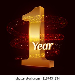 1 an d'anniversaire doré Célébration du logo 3d avec des particules étincelantes de poussière de traîneau en spirale scintillant en or. Un an d'éléments de design moderne. Illustration vectorielle.