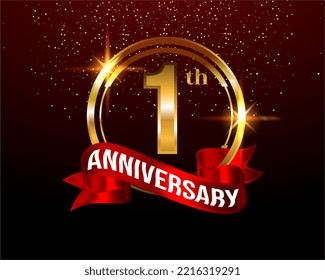 1 year golden anniversary logo celebration with ring and ribbon vector