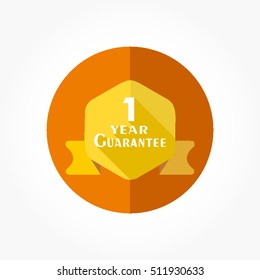 1 year guarantee logo vector with hexagon ribbon on an orange circle with shadow effect