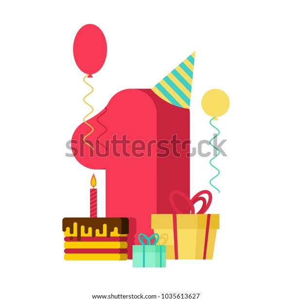 1歳の誕生日記念カード 1周年記念テンプレート ロウソクを使ったお祭り気分のケーキが一つ 風船とギフト ボックス のベクター画像素材 ロイヤリティ フリー 1035613627