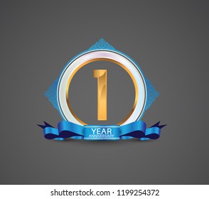 1 year logotype anniversary design with white ring, blue ornament and ribbon for use celebration event of your company, party, wedding and precious moment