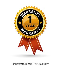 1 year medal. Gold warranty badge with red ribbons. Vector emblem.