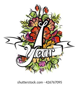 1 Year with nice bouquet of flowers, Greeting Card Design, Vector Hand Drawn Artwork