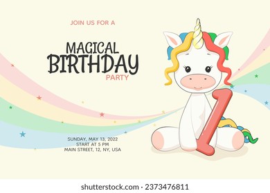 1 year old Magical kids birthday party invitation with cute rainbow unicorn