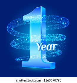 1 year shine anniversary 3d logo celebration with glittering spiral star dust trail sparkling particles. One year anniversary modern design elements. Vector Illustration.