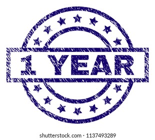 1 YEAR stamp seal watermark with distress texture. Designed with rectangle, circles and stars. Blue vector rubber print of 1 YEAR title with retro texture.