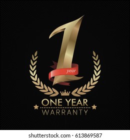 1 Year Warranty background with red ribbon. Poster, label, badge or brochure template. Vector illustration