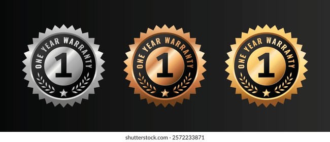 1 year warranty badge, logo, stamp design. Golden and platinum round elegant warranty template sticker.