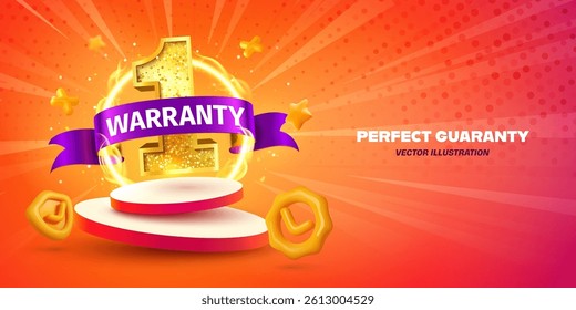 1 Year Warranty Banner. Golden Number One Warranty Badge with Purple Ribbon, Stars, and Check mark Symbols on Bright Background. First Year Guarantee Concept. Vector Illustration.