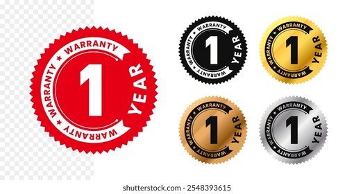 1 year warranty in circle. One year warranty with circular text. Red, black, gold, silver, bronze premium color. For sticker, label, badge, icon, sign, emblem, stamp, logo, tag, seal, symbol. Vector