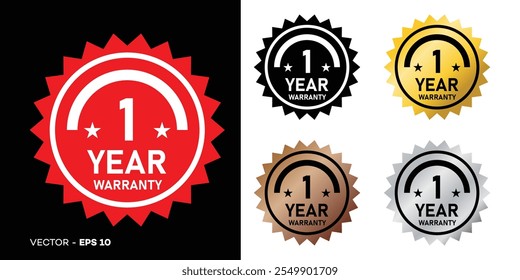 1 year warranty in circle. One year warranty with circular text. Red, black, gold, silver, bronze premium color. For sticker, label, badge, icon, sign, emblem, stamp, logo, tag, seal, symbol. Vector