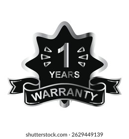 1 year warranty in circle. One year warranty with circular text. Red, black, gold, silver, bronze premium color. For sticker, label, badge, icon, sign, emblem, stamp, logo, tag, seal, symbol. Eps 10.
