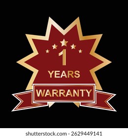 1 year warranty in circle. One year warranty with circular text. Red, black, gold, silver, bronze premium color. For sticker, label, badge, icon, sign, emblem, stamp, logo, tag, seal, symbol. Eps 10.