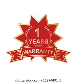 1 year warranty in circle. One year warranty with circular text. Red, black, gold, silver, bronze premium color. For sticker, label, badge, icon, sign, emblem, stamp, logo, tag, seal, symbol. Eps 10.
