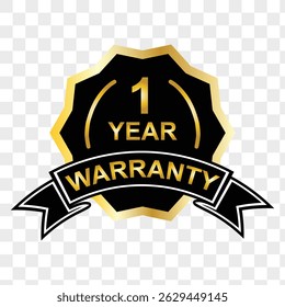 1 year warranty in circle. One year warranty with circular text. Red, black, gold, silver, bronze premium color. For sticker, label, badge, icon, sign, emblem, stamp, logo, tag, seal, symbol. Eps 10.