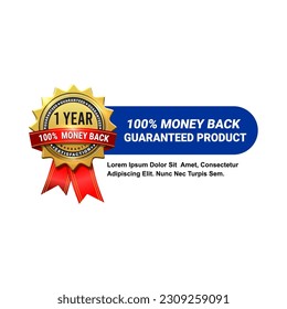 1 year warranty golden label with ribbon. Vector illustration.