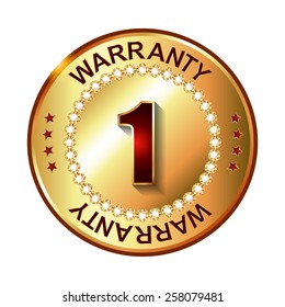 1 year warranty golden label with ribbon.  Vector illustration.