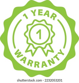  1 year warranty green stamp. Symbol, outline icon, tag, badge, label, circle, green white vector round isolated on transparent background.