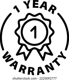 1 year warranty icon. Black outline rounded isolated product label icon tag stamp vector on transparent background