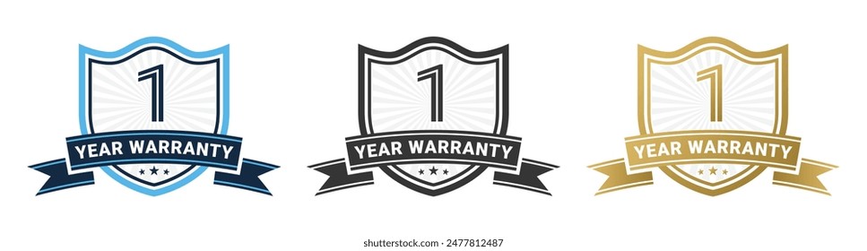 1 year warranty icon logo shield ribbon emblem badge vector design in navy blue, gold, and black colors