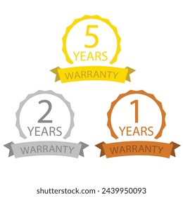 1 year warranty icon. One button label logo sticker. Vector on isolated white background.Two year warranty button label logo icon sticker. Circle jagged edge. Vector on isolated white background.