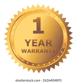 1 Year warranty label, badge, icon, logo. Golden one year warranty round sticker isolated on white background. Vector illustration