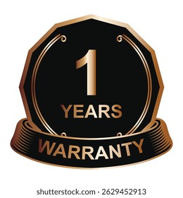 1 Year warranty label, badge, icon, logo. Parallelogram rhombus shape with gold and silver color.