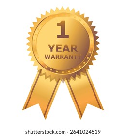 1 Year warranty label, badge, icon, logo. Golden one year warranty round sticker, medal with ribbon isolated on white background. Vector illustration