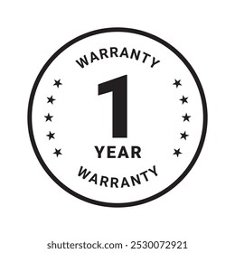 1 year warranty label, black outline Round Circle sticker Badge with stars for use to your product, tag stamp isolated on white background