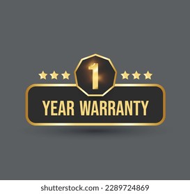 1 year warranty label. One Year warranty label in golden color. Warranty card stamp or banner for service provider. Stars and One year label, tag, stamp. One year warranty card.