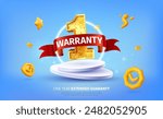 1 year warranty label vector illustration. 3d one year guarantee on light blue background. Warranty service security products. Golden number one with red ribbon on podium.
