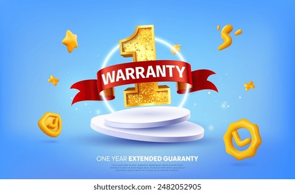 1 year warranty label vector illustration. 3d one year guarantee on light blue background. Warranty service security products. Golden number one with red ribbon on podium.