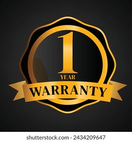 1 year warranty logo with golden shield and golden ribbon.Vector illustration.