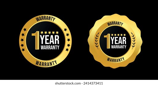 1 year of warranty. one year warranty card with two different labels, stamps, icons design. 1 year warranty labels, stamp designs in golden and black colour. Quality assurance with warranty card.