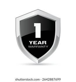 1 year warranty silver metal shield in black color vector illustration. One year warranty protection icon. Metallic security badge. Black glossy metal emblem.