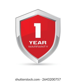 1 year warranty silver metal shield in red color vector illustration. One year warranty protection icon. Metallic security badge. Red glossy metal emblem.
