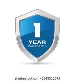 1 year warranty silver metal shield in blue color. One year warranty shield vector illustration. Metallic security badge.